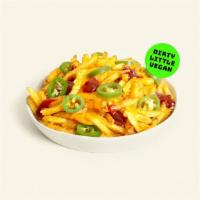Loaded Fries · Fresh cut french fries with bbq sauce, melted vegan cheese, and jalapenos.