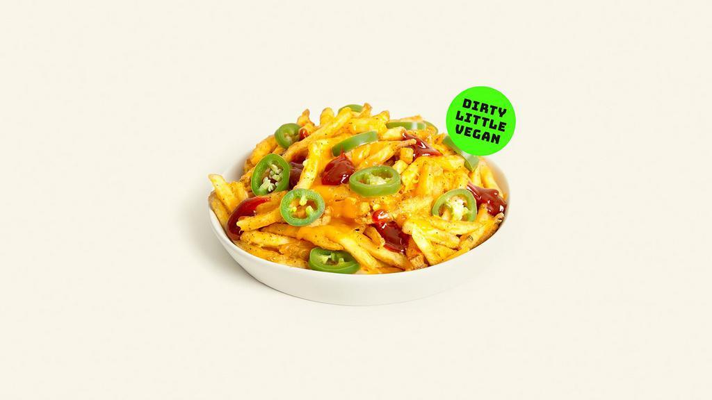 Loaded Fries · Fresh cut french fries with bbq sauce, melted vegan cheese, and jalapenos.