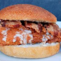 Chicken Bacon Ranch · Hand-breaded fried chicken breast, thick sliced slow-roasted bacon, and homemade ranch, all ...