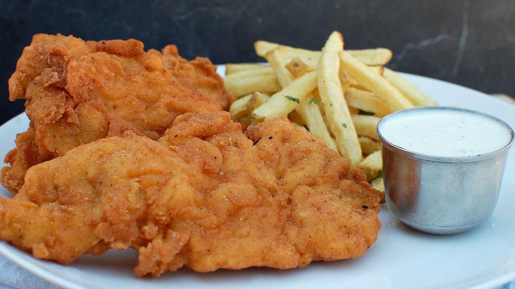 Tenders & Fries · hand-breaded chicken tenders, served with hand cut sea salt fries and your choice of dipping sauce.