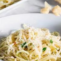 Spaghetti With Garlic & Oil: Spaghetti Aglio E Olio · Spaghetti with sauted garlic in olive oil, topped with oregano and basil. No sauce.