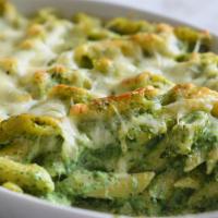 Spinach Pesto Chicken Pasta (Penne) Baked · Extremely rich combination of chicken, spinach and creamy pesto sauce