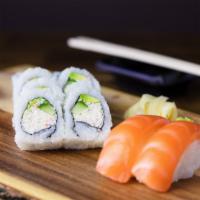 Fuku California · One California roll with two pieces of salmon nigiri.