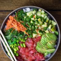 Ahi Poke Bowl · Diced yellowfin tuna, scallions, marinated in our house-made poke sauce served over mixed gr...