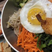 Vegetable Bibimbap · Rice mixed with seasoned vegetables, egg with spicy pepper paste.