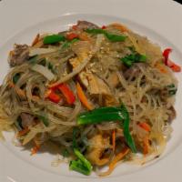 Beef Japchae · Stir-fried glass noodles with beef and vegetables.