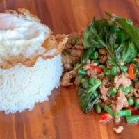 Pad Kra Pao + Kai Dow · Spicy basil stir-fry, rice + fried egg. Spicy.