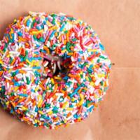 Funfetti (Vegan) · Our Vegan cake donut with house mad vegan vanilla glaze and funfetti sprinkles.
