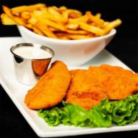 Chicken Strips And Fries · Deep fried breaded chicken tenders served with french fries and choice of dipping sauce