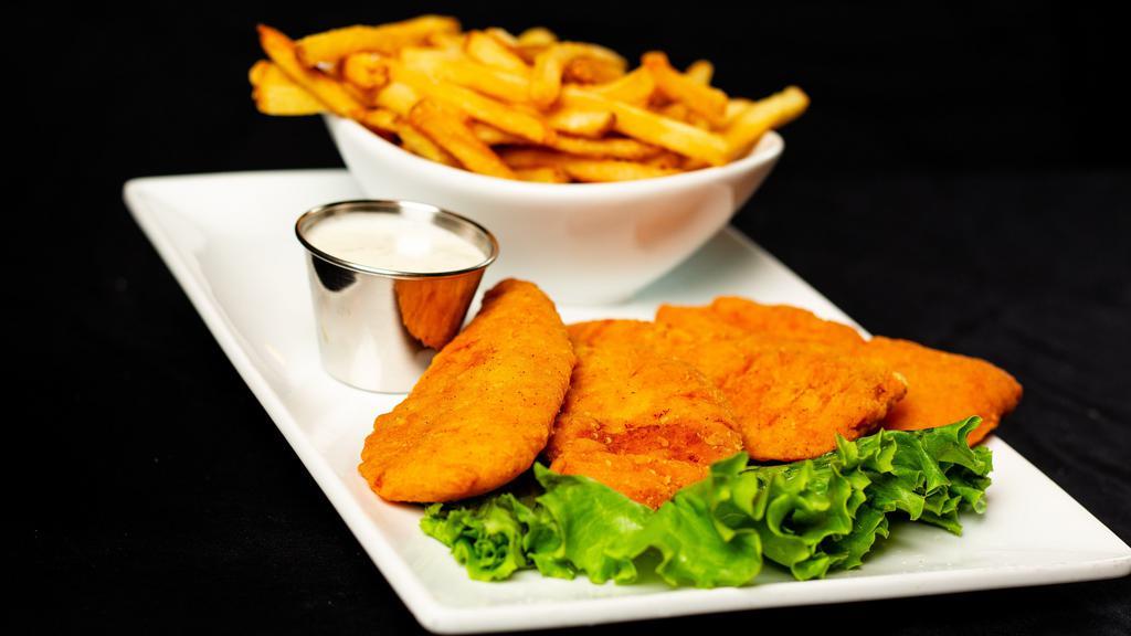 Chicken Strips And Fries · Deep fried breaded chicken tenders served with french fries and choice of dipping sauce