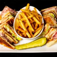 Club Sandwich · Sliced ham and turkey with bacon, lettuce , tomato, cheddar cheese, swiss cheese and mayonna...