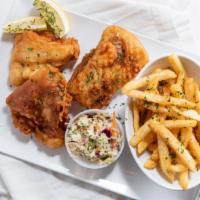 Alaskan Cod And Chips · Hand battered cod served with fries and cole slaw.