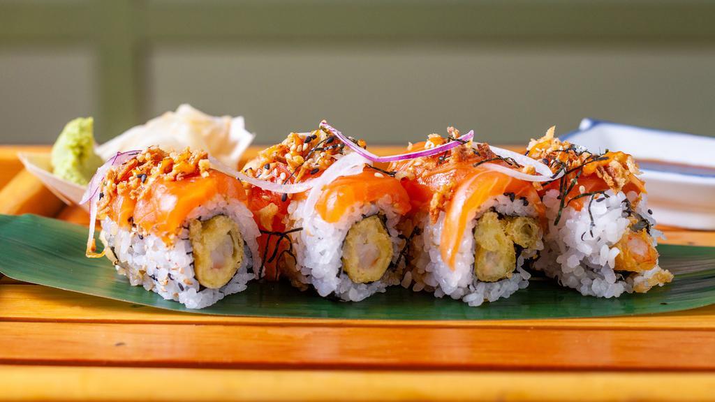 Crunchy Roll · Tempura shrimp, cucumber, and avocado topped with crunchy spicy tuna and spicy mayo.