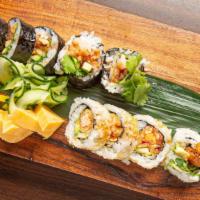 Hama Miso Roll · Yellow tail, cilantro, crispy shallot, avocado, cucumber, and miso tamari sauce.