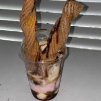 Churro Sundae · Two scoops of either cookies and cream, vanilla, strawberry, chocolate lovers or salted cara...