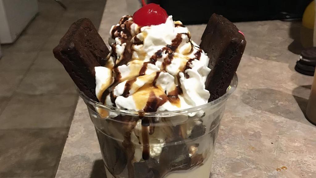 Brownie Sundae · One scoop vanilla ice cream, brownie, topped with whip cream and a cherry.