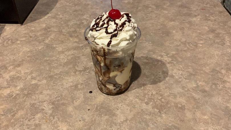 Vanilla Ice Cream Sundae With Chocolate Syrup · Vanilla ice cream with chocolate syrup, topped with cool whip and a cherry,  peanuts and whip cream.