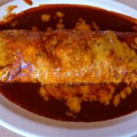 Carne Asada Burrito · Tenderized steak smothered with Chile and cheese, sides of beans & rice.