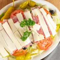Italian Antipasto Salad · Lettuce ham tomatoes olives chili peppers salami capicola mozzarella cheese.