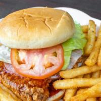 Chicken Burger · Chicken Burger  (comes with lettuce, tomatoes, sliced Korean radish and choice of sauce).