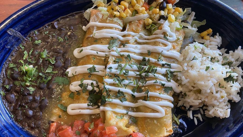 Enchiladas · Choice of three cheese and onion, braised beef, chicken, veggies or pork. Served with cilantro lime rice and refried beans.