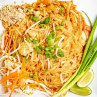 Pad Thai · Stir-fried rice noodles with eggs, bean sprouts, carrots, & green onions, topped with crushe...