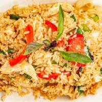 Spicy Basil Fried Rice · Spicy level-1. Fried rice with egg, bell peppers, onions, & Thai basil in Thai chili sauce.