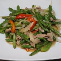 Pad String Beans · Stir-fried green beans, bell peppers, onions, & lime leaves in Thai chili sauce.