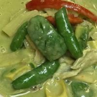Green Curry Or Avocado Curry · Spicy level-1. Green curry paste with coconut milk, zucchinis, bell peppers, bamboo shoots, ...