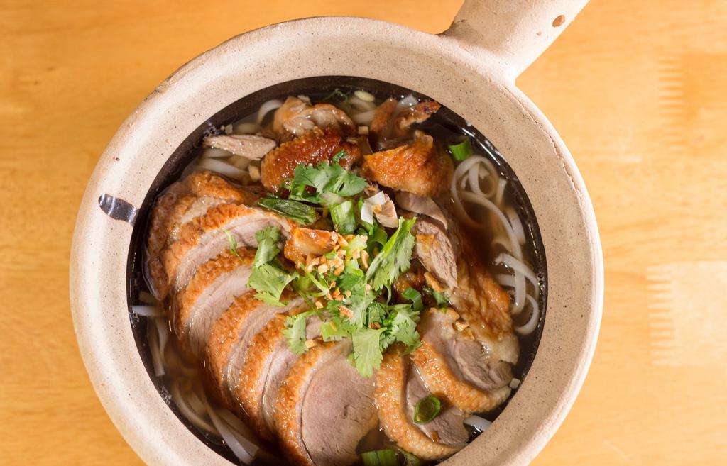 N2 - Duck Noodle Soup · Rice noodle with roasted duck in a light broth with bean sprouts, green onions and cilantro with a touch of black pepper and fried garlic.