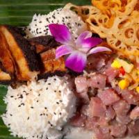 Pig & A Poke · Five spice pork belly, classic Hawaiian poke, lotus chips, black garlic aioli, tropical sals...