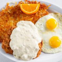 Country Fried Steak · Beefsteak topped with country gravy and two eggs.  Served w/ hashbrowns.

***Requests for ex...