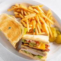 Club Sandwich · Turkey, bacon, mayo, lettuce, tomato, and cheddar cheese.  Choice of white, wheat, rye or so...