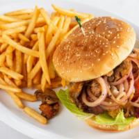 Route 68 · 8oz Patty, sautéed mushrooms and onions, bacon, cheddar cheese, mayo, lettuce, tomato, and p...
