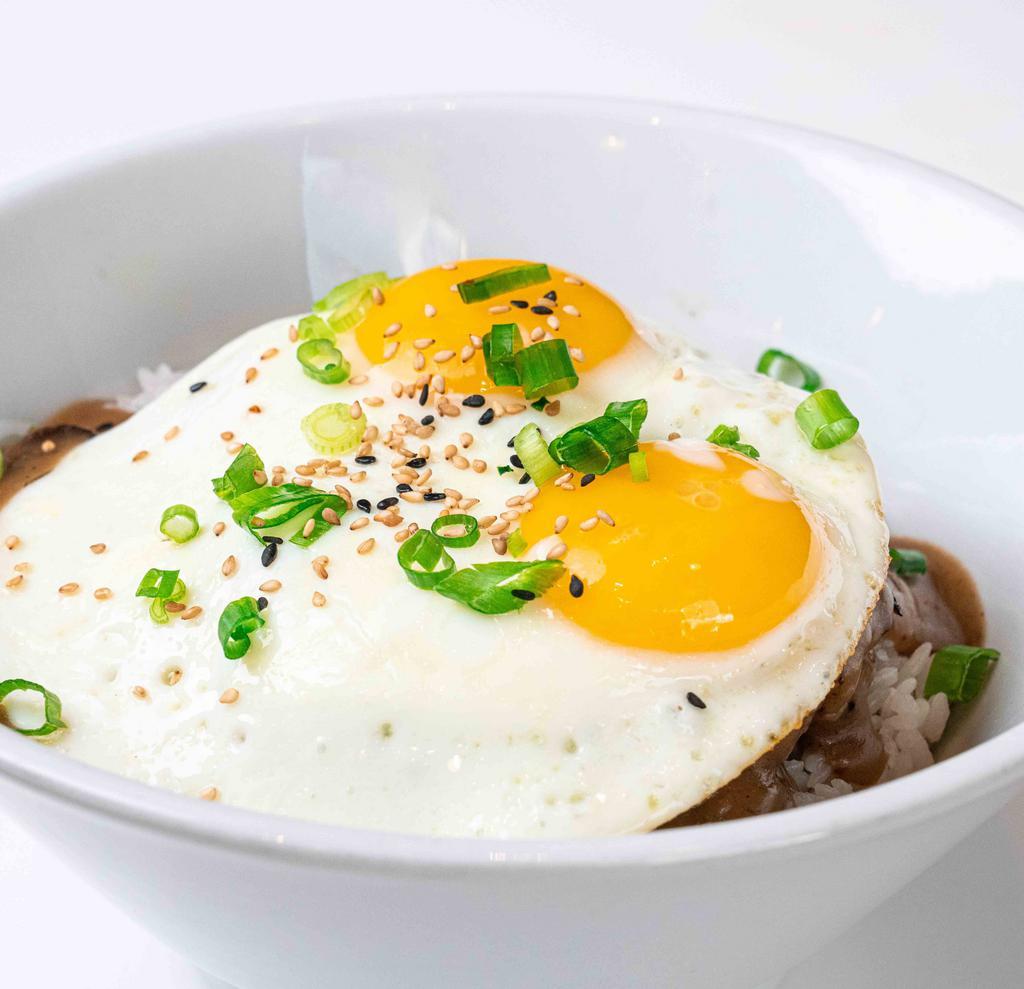 Loco Moco Bowl · 10 oz. House made patty, two sunny side up eggs, steamed rice, house made gravy and scallion.