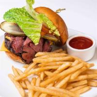 Pastrami Burger W/ Fries · One-half lb burger, one-quarter lb pastrami, provolone cheese, tomatoes, pickles, lettuce, d...