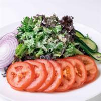 Field Greens · Spring mix, romaine, tomatoes, cucumber, red onions, ranch dressing.