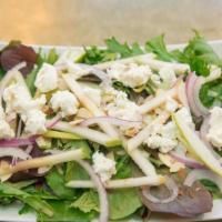 Chicken/ Apple  & Goat Cheese Salad · All natural chicken breast, granny smith apples, almonds, goat cheese, red onions, apple vin...