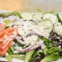 Mediterranean Salad · Organic greens, tomatoes, cucumbers, olives, red onions, Feta cheese.