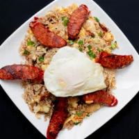 Portuguese Fried Rice · Linguica sausage over bacon-and-egg fried rice with green onion and avocado.