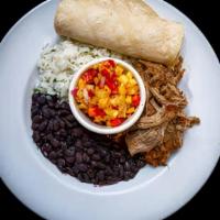 Yucatan Style Slow Roasted Pork Bowl · Rice, black beans, pineapple mango salsa, and tortillas.