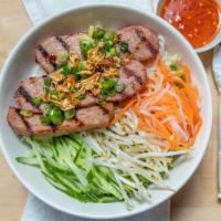 Sausage Skewers - Nem Nướng · Grilled Vietnamese style pork sausages, rice noodles, mixed greens, cucumber, bean sprouts, ...