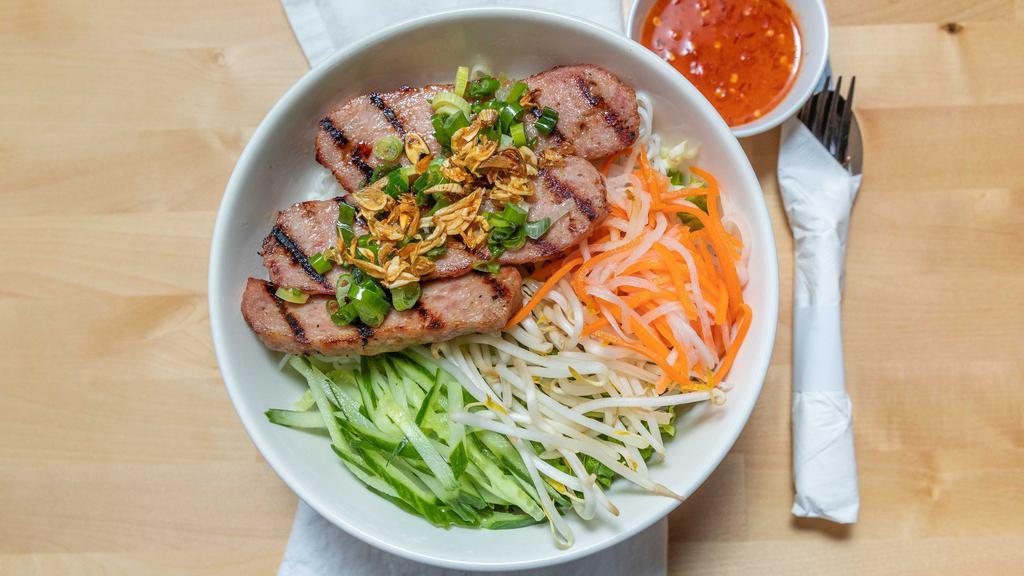 Sausage Skewers - Nem Nướng · Grilled Vietnamese style pork sausages, rice noodles, mixed greens, cucumber, bean sprouts, pickled carrot, daikon, house made fish sauce