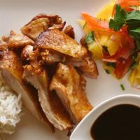 Teriyaki Chicken · Char-broiled chicken in special teriyaki sauce, served with Jasmine rice and salsa
