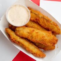 Fried Pickles · Large pickle spears deep fried in our house cajun batter served with our own habanero ranch ...