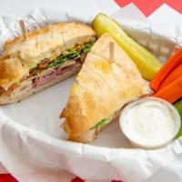 Club Sandwich · Ham, turkey, bacon, pepper jack, lettuce, tomato, mayo, and mustard on a ciabatta bun and se...