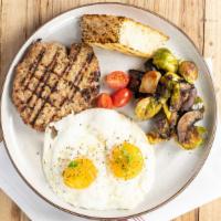 Eggs Your Way · Roasted vegetables, tomatoes, choice of bacon or sausage, focaccia