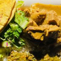 Lamb Curry · Boneless Leg of Lamb chopped into rough cubes, cooked with potatoes, diced onion, minced gar...