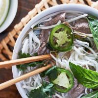 Beef Pho · Richly seasoned Vietnamese-style beef broth ladled over rice noodles and thin slices of tend...