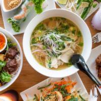 Chicken Pho · Savory Vietnamese-style chicken broth ladled over rice noodles and sliced chicken breast. * ...